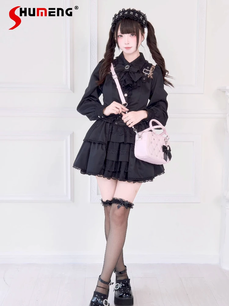 

Japanese Mine Mass-Produced Subculture Gothic Doll Collar Bow Lace Patchwork Long Sleeve Single-Breasted Sweet Shirt Tops Women