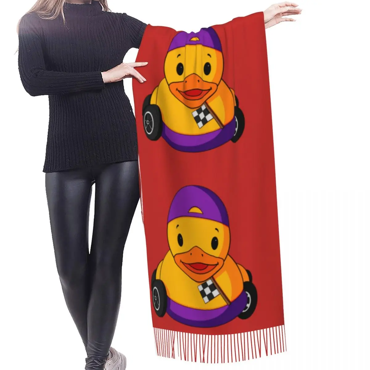 Custom Lady Long Car Racing Rubber Duck Scarves Women Winter Soft Warm Tassel Shawl Wraps Scarf