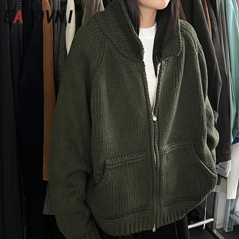 

EAEOVNI однотонный вязаный женский свитер, пальто с лацканами и длинными рукавами на молнии, свободный кардиган, мода 202, осень-зима, новая одежда