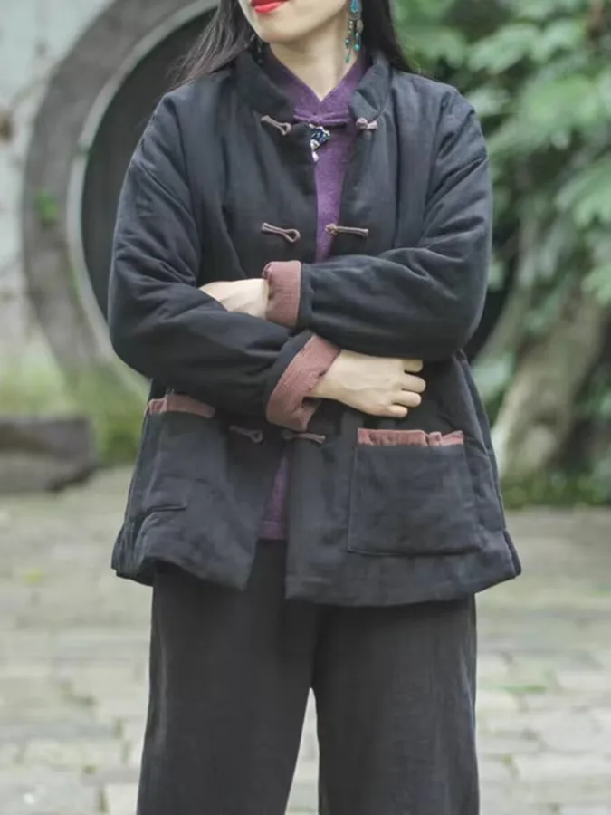 Chaqueta Corta de Aodón para Mujer, Cuello Alto, Botones Bordados, Abrigo Cálido de Invierno, Manga Larga uesa, Corte Reg...