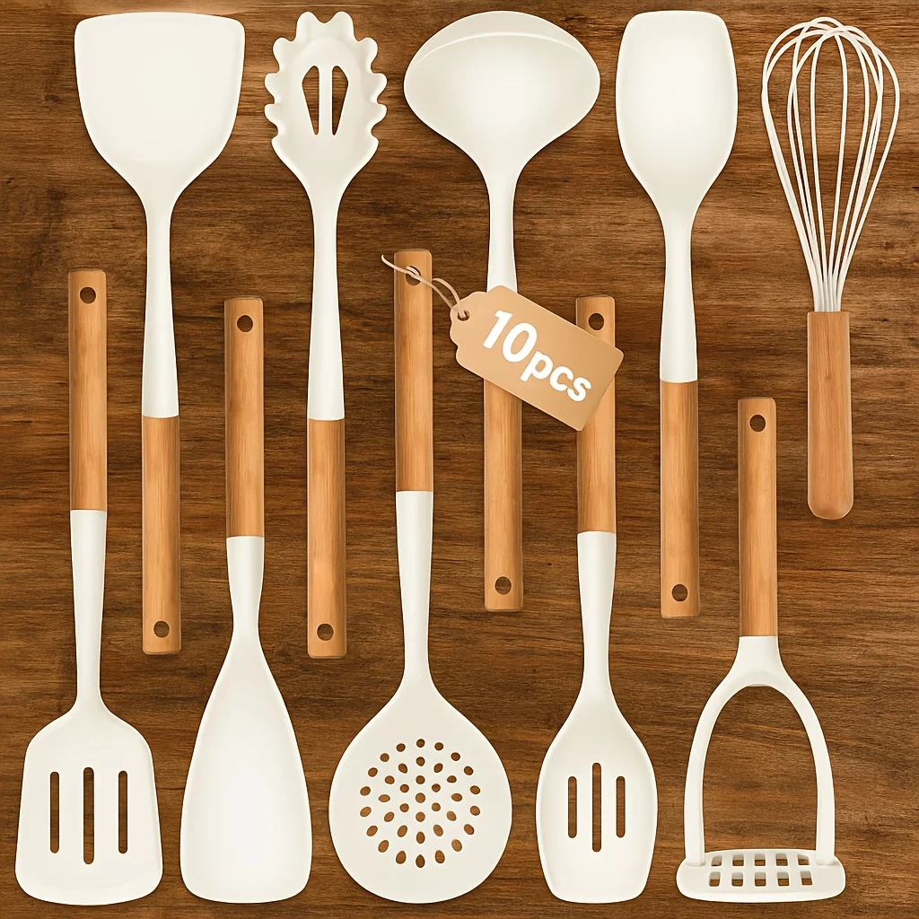 

10Pcs Silicone Cooking Utensils Set , Nonstick Kitchen Utensils Set with Wooden Handle, Heat Resistant Spatula Set for Cooking, Heat Resistant Silicone Kitchen Gadgets Tools with Spoons, Spatula Set, Turners