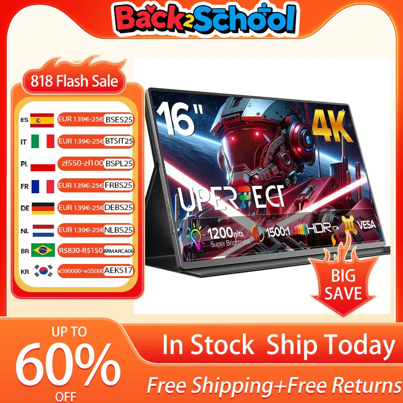 

Портативный монитор UPERFECT 16 дюймов 4K, 1200 нит, 3840x2400, IPS, игровой экран для ноутбука, 1500:1, USB C, HDMI, компьютерный ПК, дисплей с динамиками