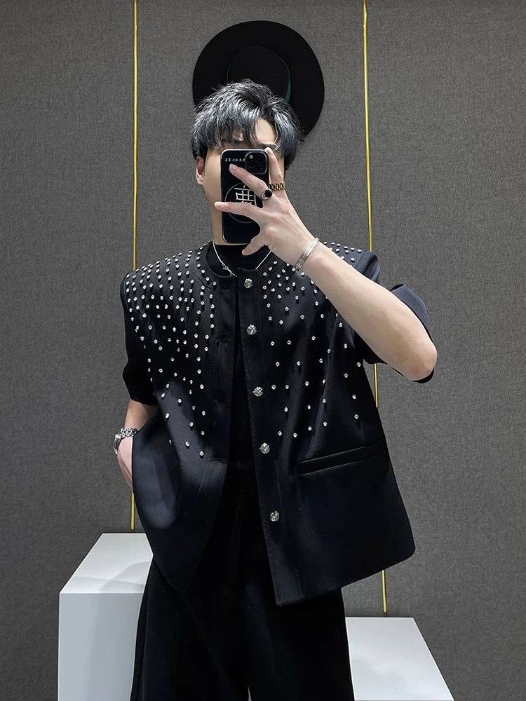 Men's 2025 Summer New Niche Design Diamond-encrusted Small Fragrant Chic Coats Male Fashion Short-sleeve Jackets Trendy Jacket