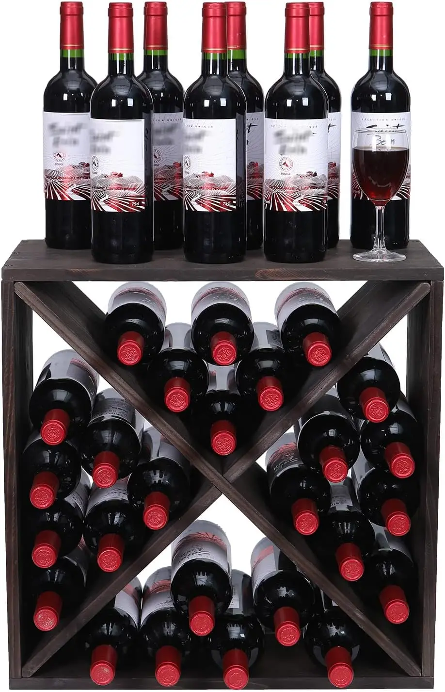 Wine Rack countertop Wooden Stackable Storage Rustic Retro Style Cube 24-Bottle Wooden Wine Rack Wine Cabinet (Dark Brown)