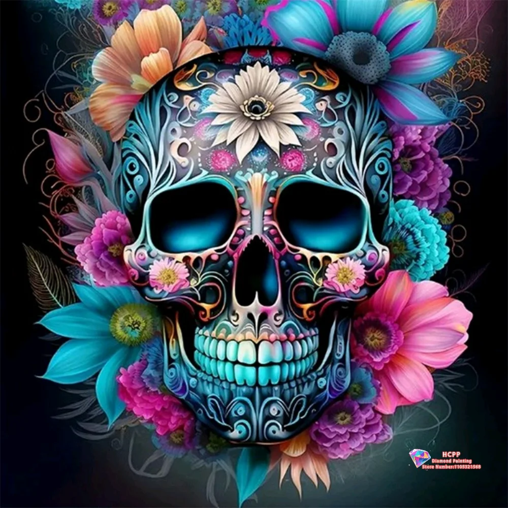 Colorful Sugar Skull with Flowers 5D DIY Diamond Painting Set with Square and Round Diamonds Handmade Crafts Home Decor Gifts