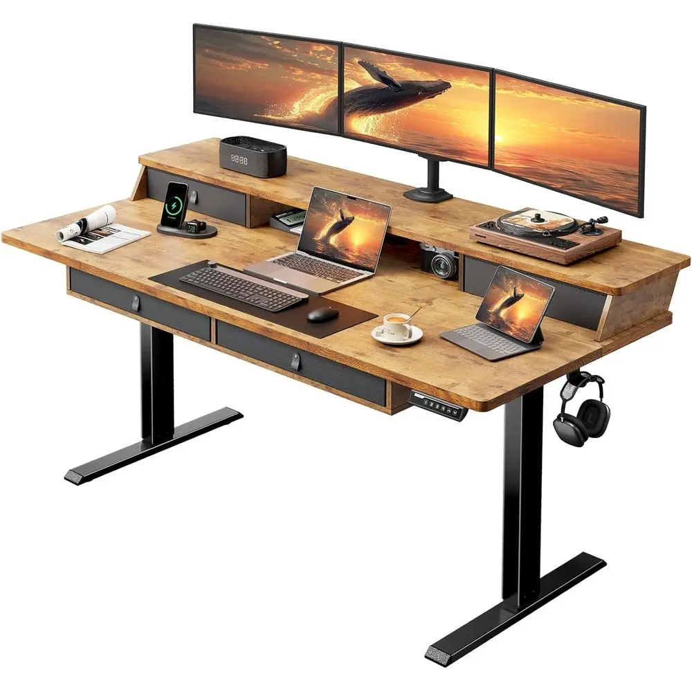 Vintage Brown 63x30 Electric Height-Adjustable Desk with 4 Drawers, Storage, Cable Management, and C-Clamp Mount Option for Home