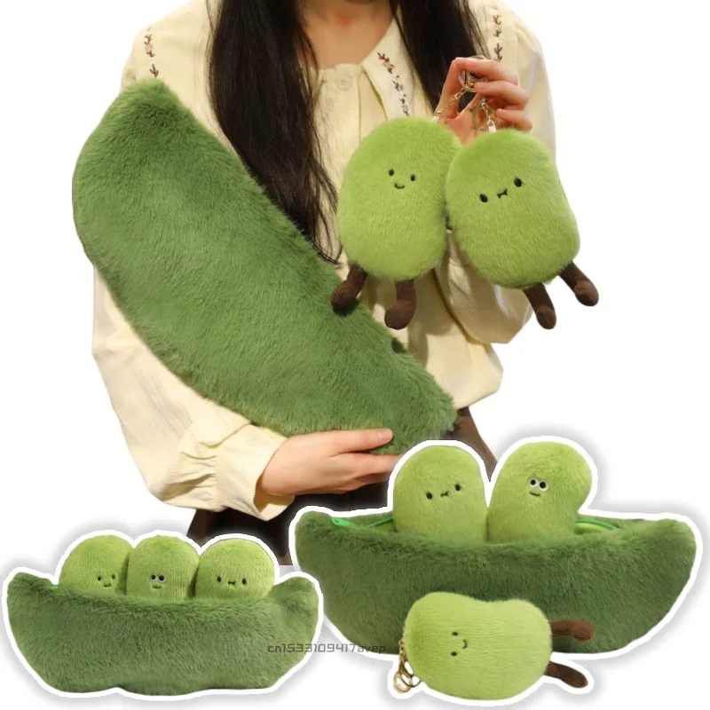 Cute Baby Green Soybeans Plush Plant  In A Bean Capsules 3 Mini Beans Vegetable Hug Throw Pillow Cushion for Kids Birthday Gift