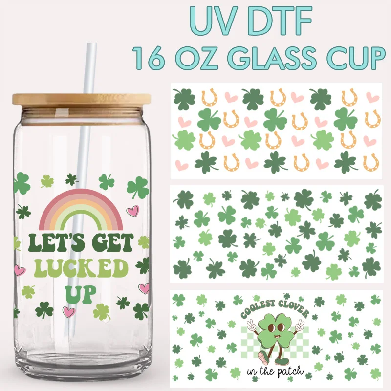UV DTF Cup Wraps for 16oz Glass Cups, Waterproof St. Patrick's Day Clover Lucky Stickers, DIY Decals for Tumbler Mason Jar