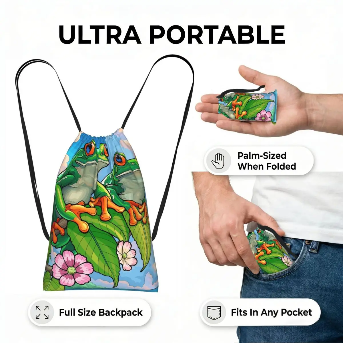 Cartoon Jungle Frogs Drawstring Backpack hiking cycling Bag Portable Travel Drawstring Bag for Men Women