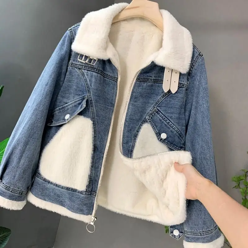 Bright Line Decoration Denim Jacket for Women's Winter Thickening Woman Coat Women    Cold  s T640