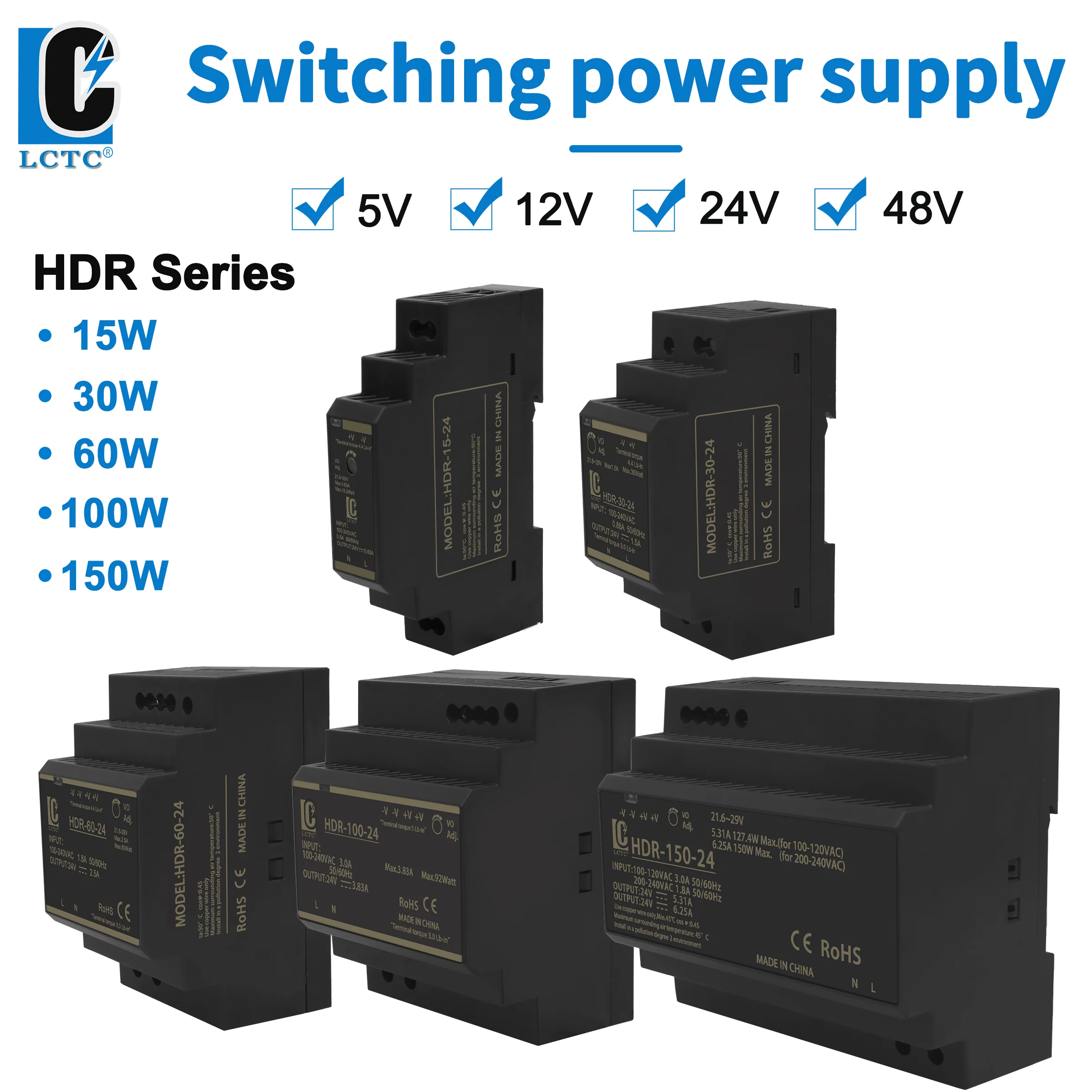 Alimentation à découpage 5V/12V/24V/48V, Rail DIN, AC à DC HDR-15/30/60/100/150W, alimentation à découpage LED DC