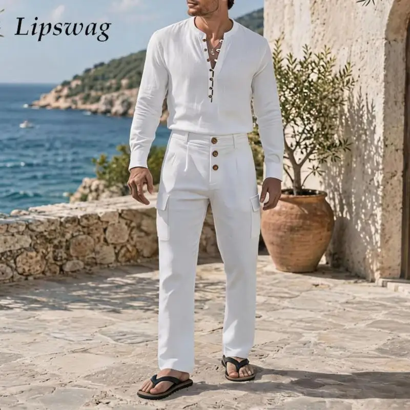retro-men-linen-two-piece-suits-autumn-long-sleeve-henley-shirt-and-cargo-pants-solid-color-daily-outdoor-mens-fashion-outfits