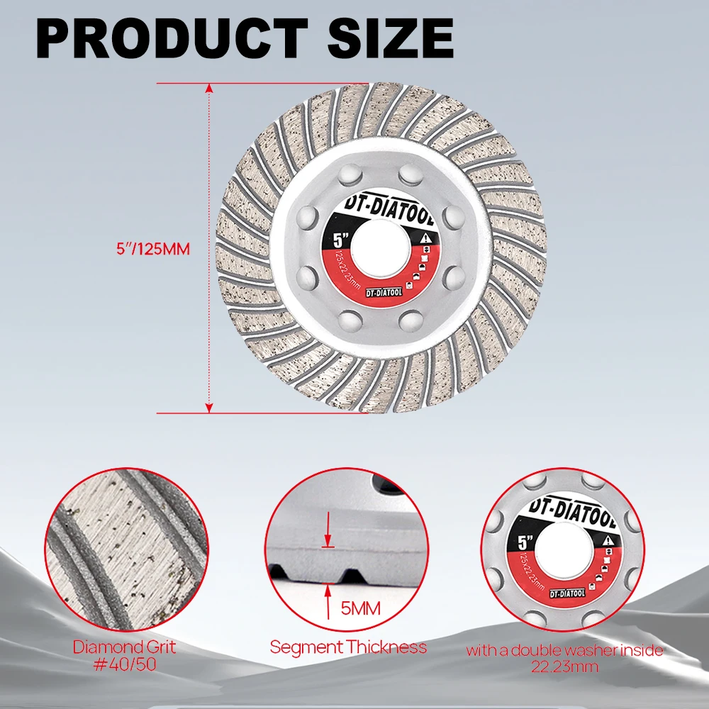 DT-DIATOOL Diamond Grinding Wheel Dia 125mm/5inch Segmented Turbo Row Cup Grinding Wheel Discs for Concrete Brick Hard Stone