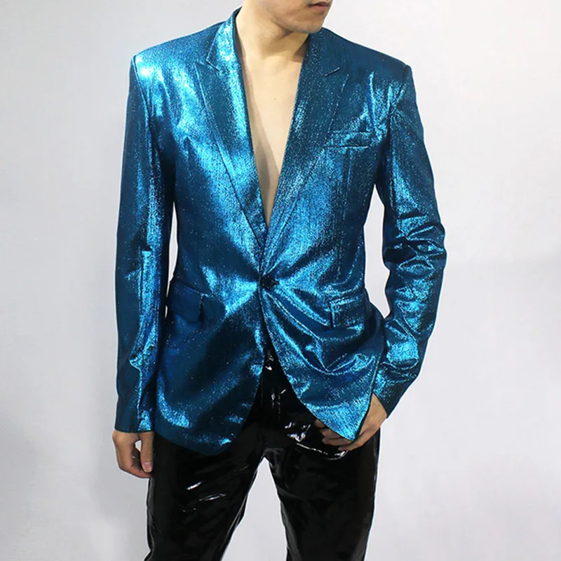 

Новый мужской блейзер с блестками, серебристо-синий, на одной пуговице, рок-певец, блестящее повседневное пальто для сцены, костюм для ночного клуба, концерта, вечеринки, куртки