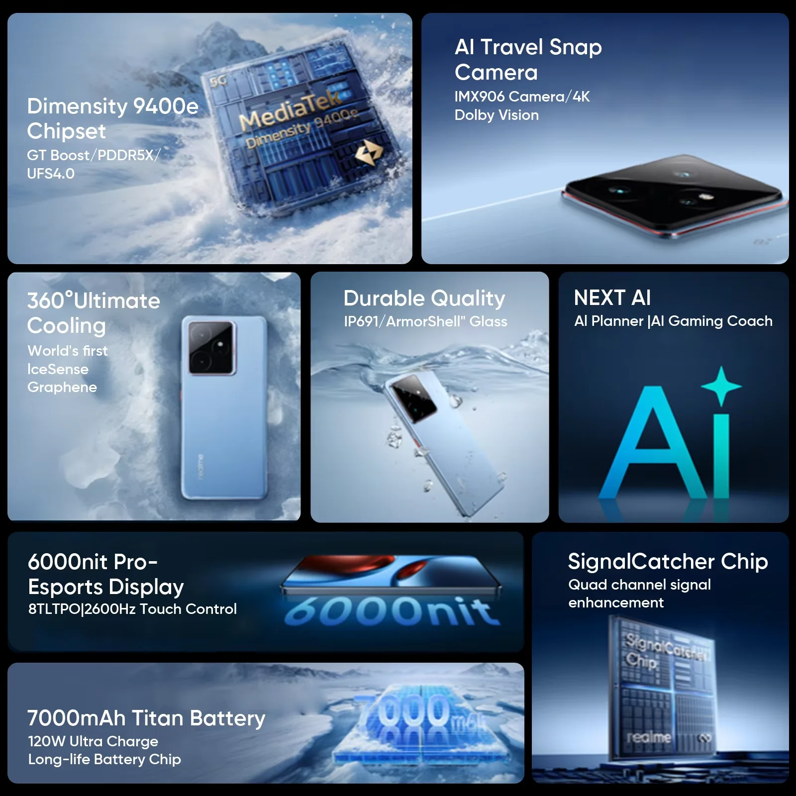 الإصدار العالمي لهاتف ذكي Realme GT 7 5G AI الذكي MTK الأبعاد 9400e 6000nits Pro-Esports عرض بطارية 7000 مللي أمبير في الساعة 120 وات شحن فائق