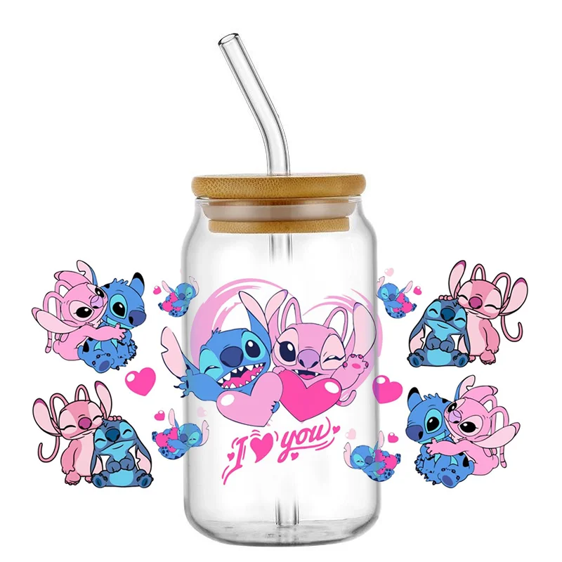 Miniso Stitch 16oz UV DTF Cup Wrap Cartoon Transfers Libbey Wrap Tumbler DIY Logo Sticker Glass Can Selfadhesive Waterproof