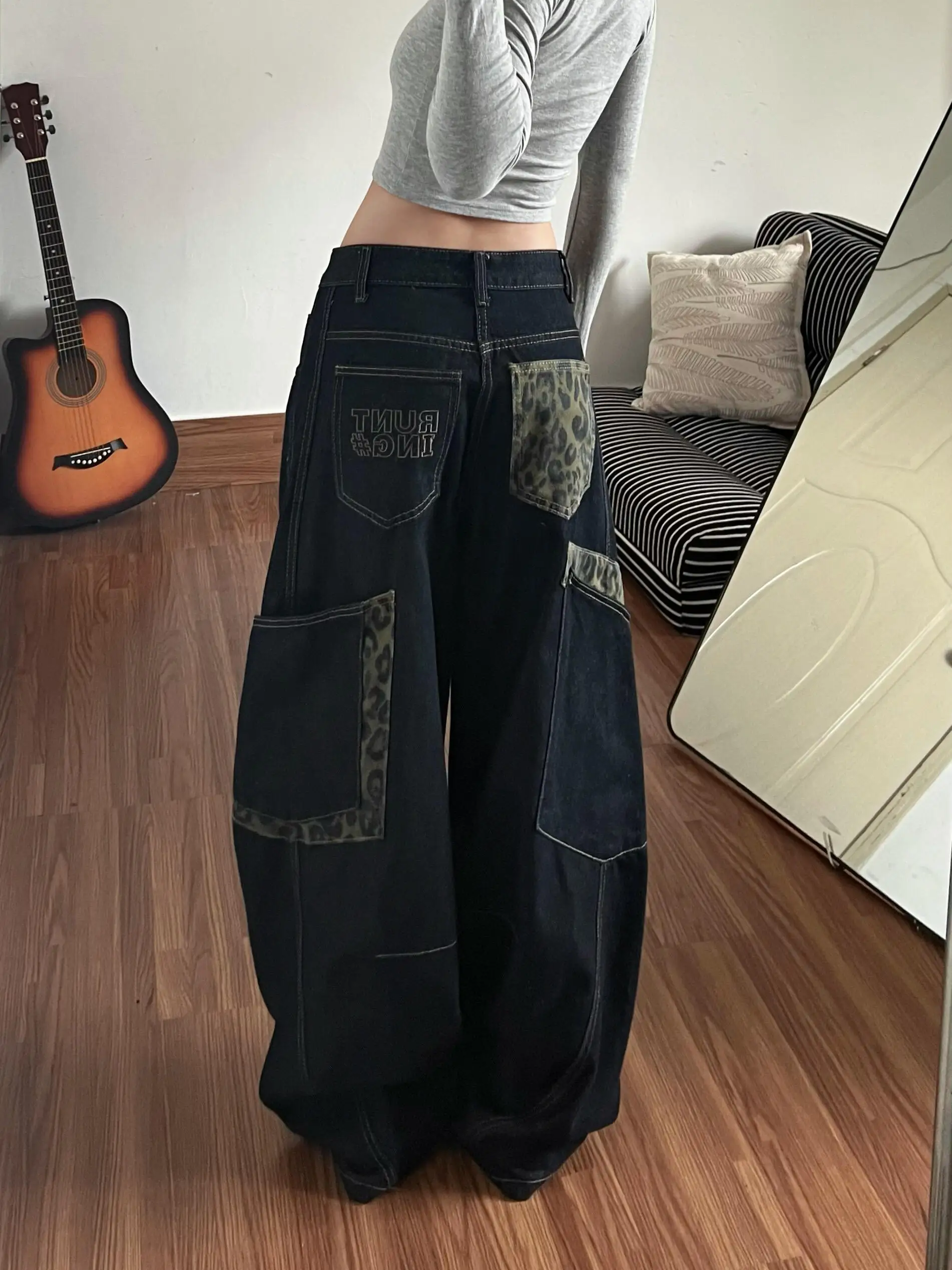 Sweet Cool Leopard Print Patchwork Loose Fit Women's Denim Workwear Pants Autumn Winter Wide Leg Knife  Casual Jeans