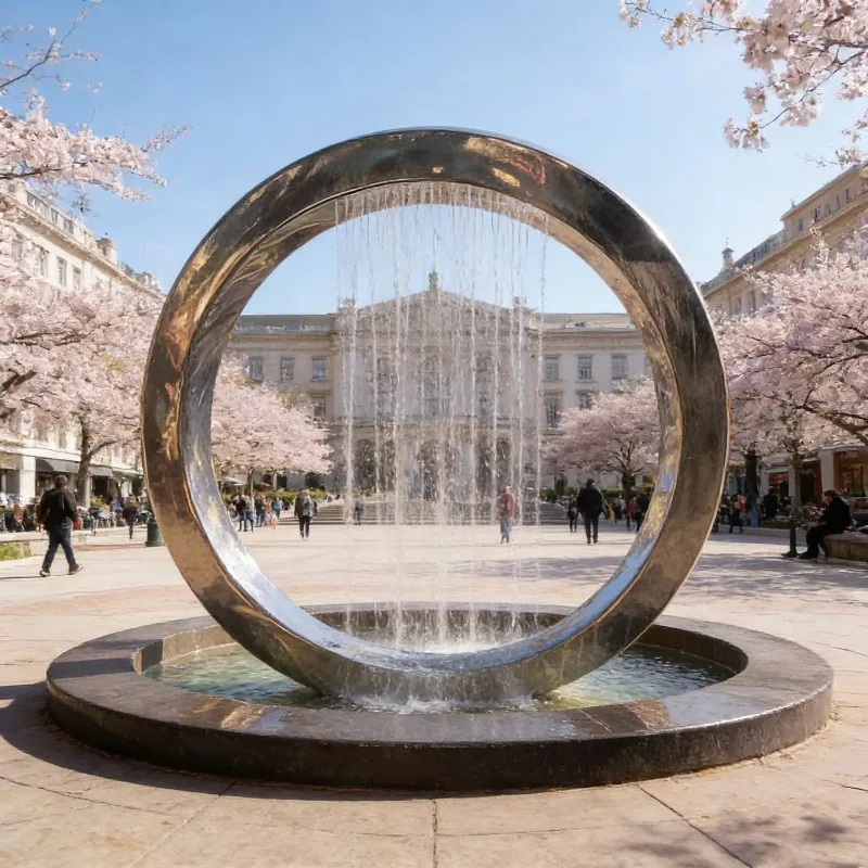 Mirror Polished Circular Ring Water Curtain Stainless Steel Fountain Sculpture Custom Modern Art Outdoor Public Square Landscape