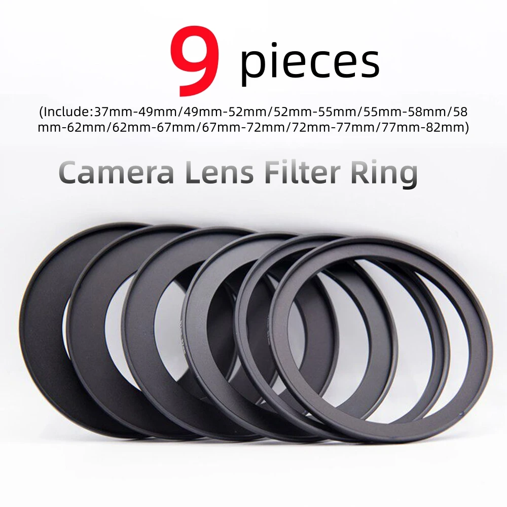 Kit de 9 Adaptadores de Anel para Filtro de Lente de Câmera 37-82mm, Anel Adaptador Step Up 52mm 55mm 58mm 62mm 67mm para Lentes de Câmeras DSLR Fuji Nikon Canon