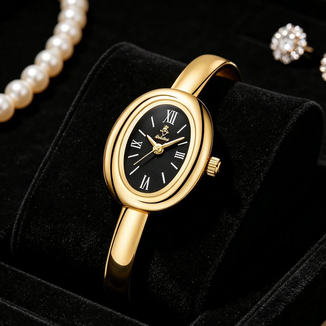 YaLaLuSi Vintage Oval Bangle Watch For Women Gold Cuff Bracelet Wristwatch Roman Numeral Black Dial Quartz Watch Elegant Ladies Waterproof Dress Watch Gift