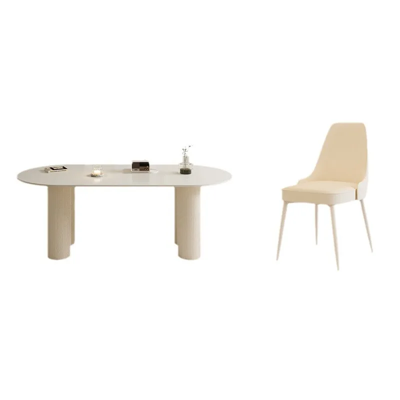 

Light luxury, slate, home, modern, simple, minimalist, pure white, dining table and chairs, oval