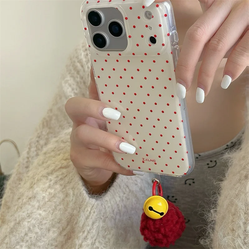 

Korea Pop Red wave point Soft Phone Case for iphone 17promax 16 14 13 15 Pro Max 14pro Cute Patterns bell ball Hairy Fur balls