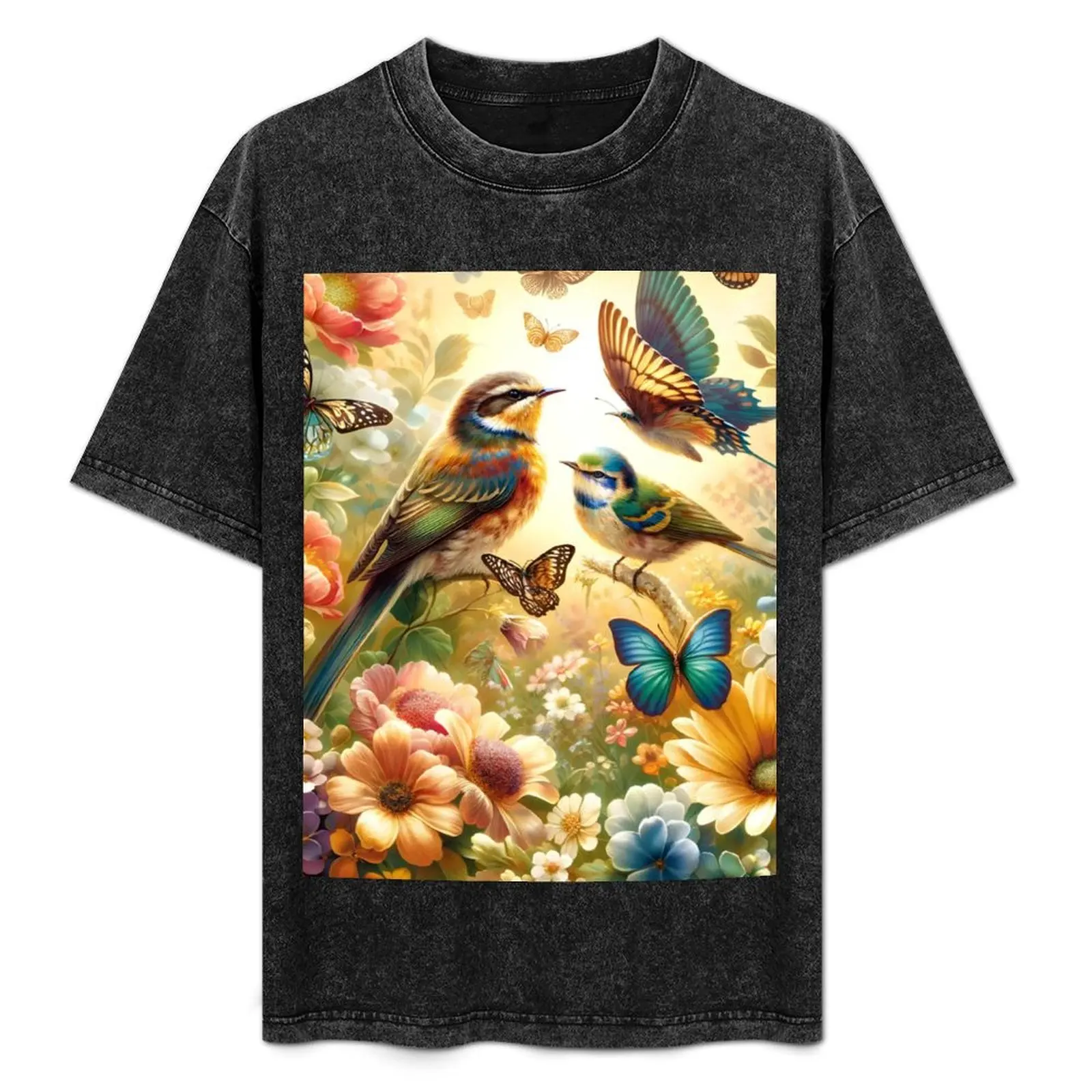 

Botanical Elegance Bird Fabric - Nature's Symphony in Bloom T-Shirt Work Comfort T-Shirt for Men