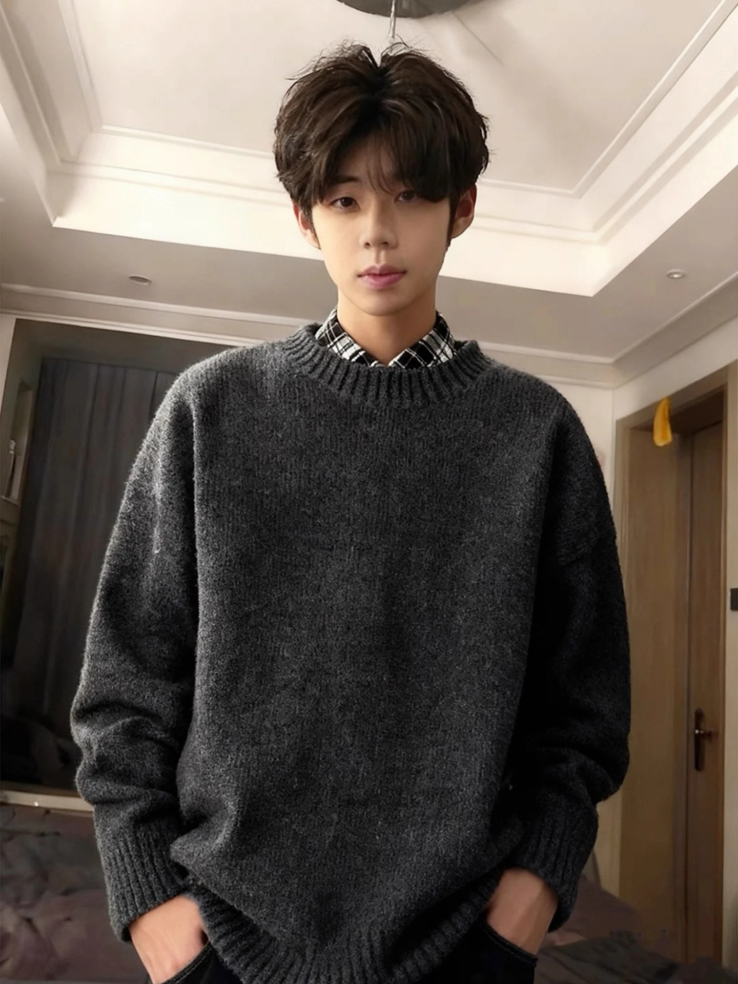 Deep ey Fce Lined Thiened round Ne Knitwear Men's Autumn Winter Casual Sle Inner Wear Base Layer Korean Lazy Sle