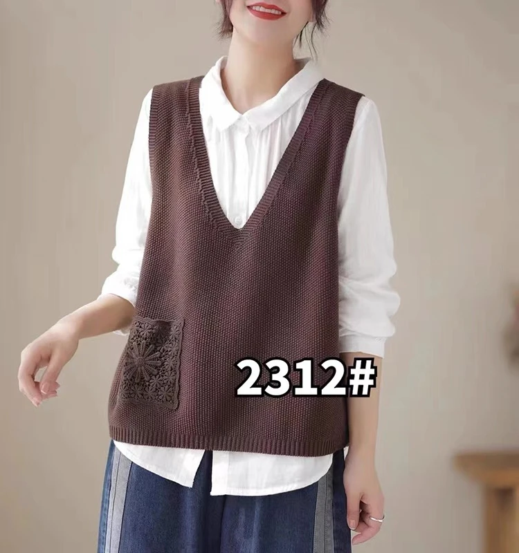 

Художественный кружевной жилет в стиле ретро, вязаный жилет V-Ne, свободный шерстяной женский модный топ, весенне-осенний трикотаж, джерт
