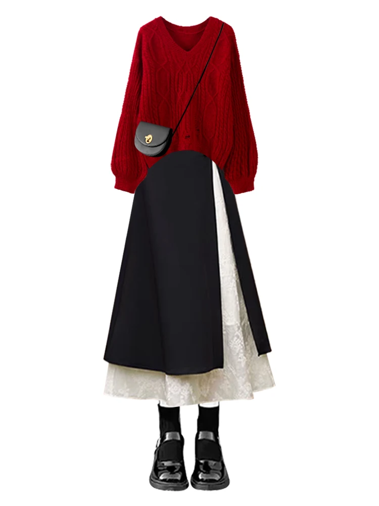 plus Size Winter Knitted Sweater Me Splice ort Hole Design Casual Sle High Waist Skirt Set for Women Casual Ocns