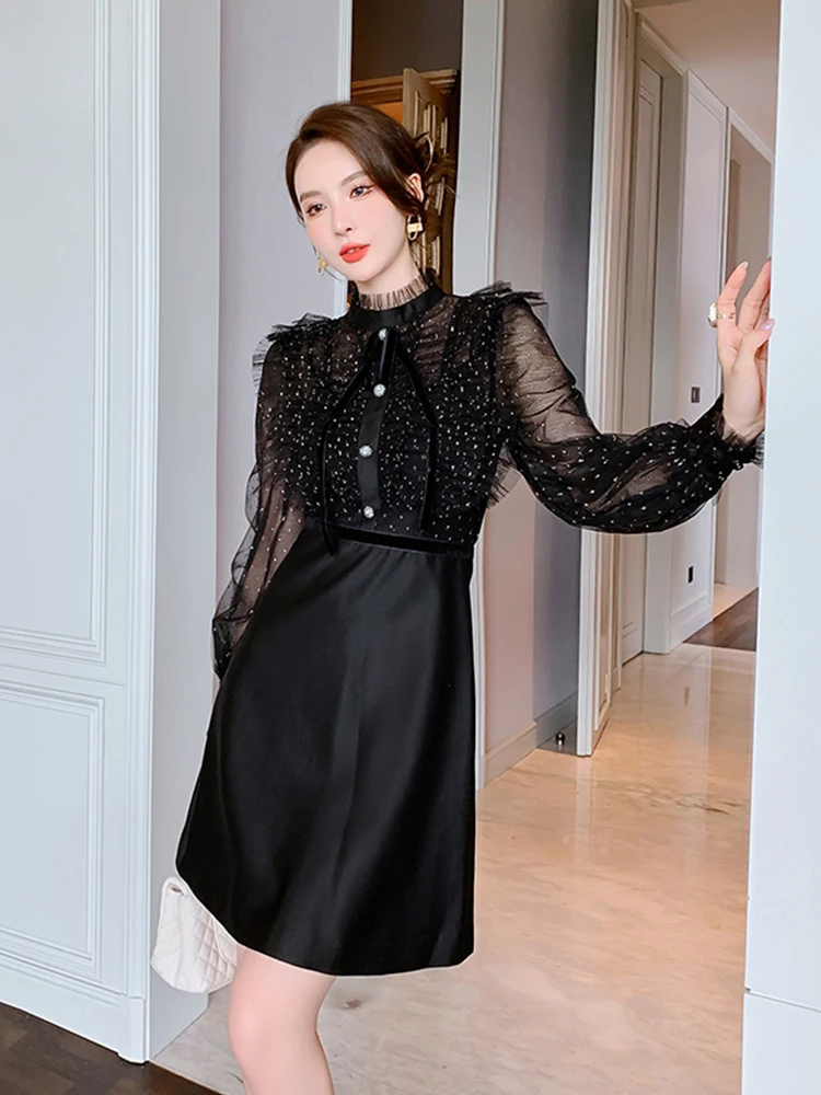 Moda feminina ol vintage suporte pescoço puff manga mini vestido de festa elegante temperamento malha perspectiva lantejoulas preto vestido feminino