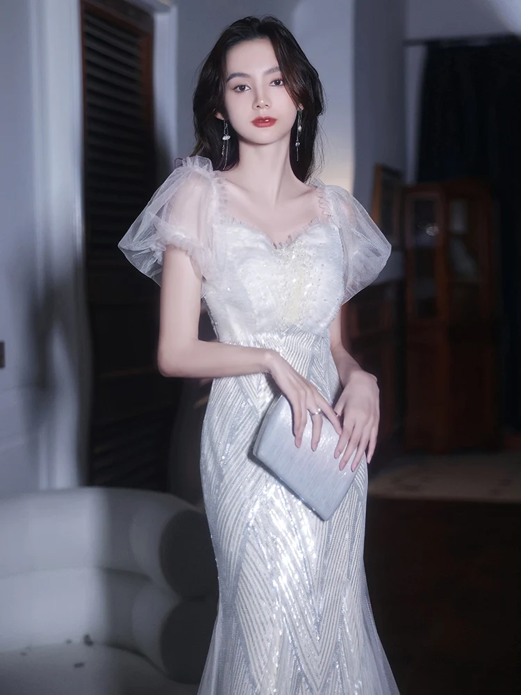 

Ele Evening Gown for Women High-End Luxury Cusized Dinner Host Heavy Embelliment ort Sve Long Dr