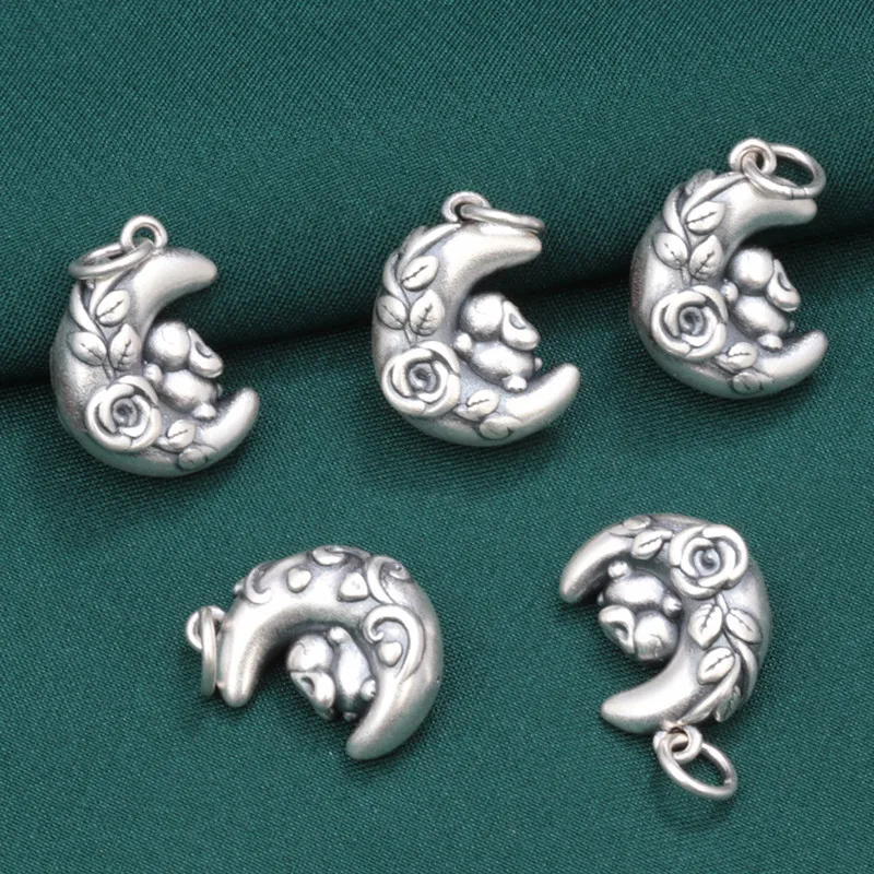 100% Pure 999 Silver Flower Crescent Rabbit Pendant Jewelry Making Retro 3D DIY Small Pendant can Make Bracelet Necklace DZ021