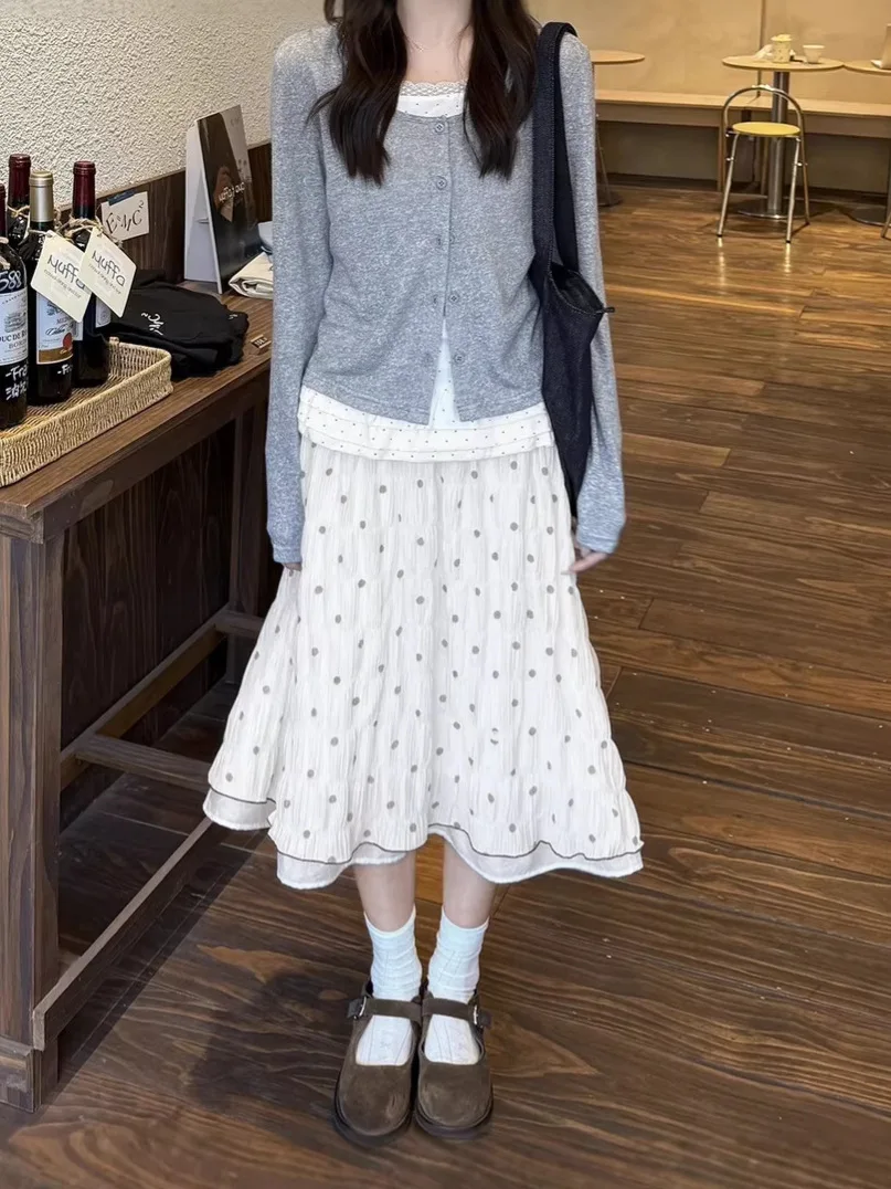 Harajuku Vintage Beige Polka Dot Tiered Midi Skirt Elastic Waist Casual Summer Ruffled Hem Basic Commuted A-line Skirt Lining