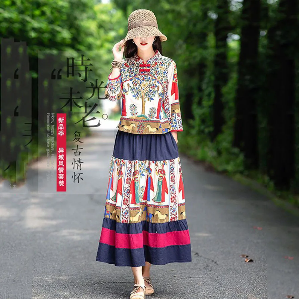 Ethnic Women's Long-sleeved Dress Spring And Autumn New Large-size Printed Cheongsam Top Skirt Two-piece Casual Summer Dress.