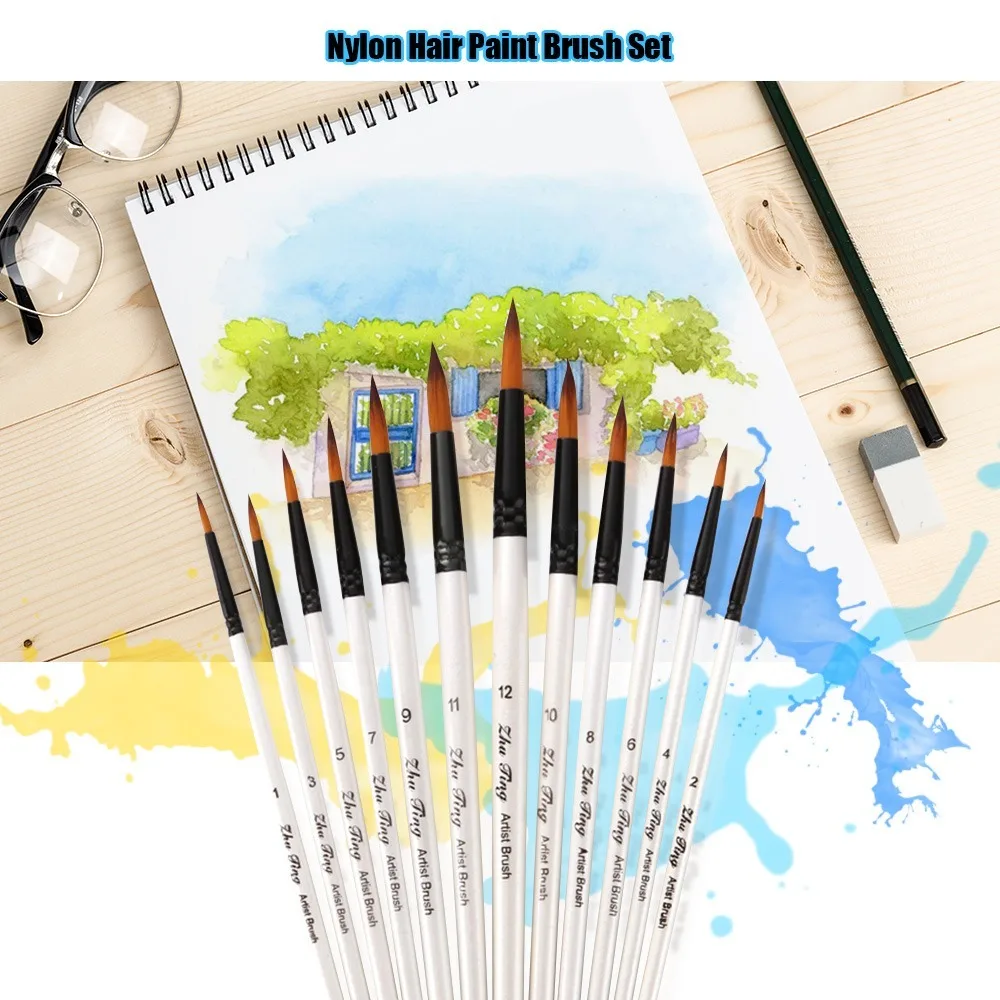 12Pcs Synthetic Nylon Tips Paint Brush Set Fine Detail Lightweight Nylon Hair Paintbrush Multifuctional Practical