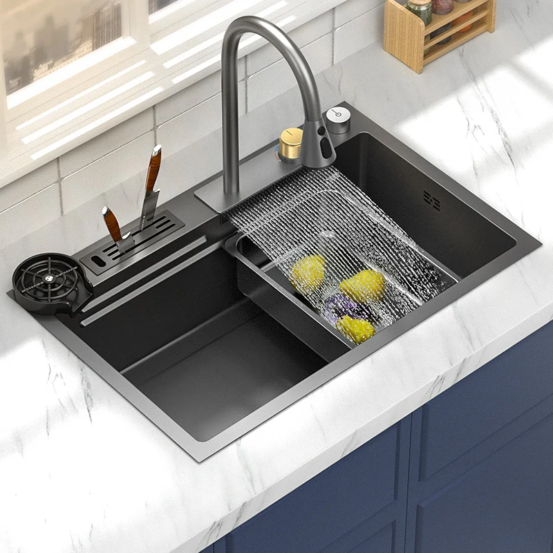 

Nano 304 Stainless Steel Sink Waterfall Kitchen Sink Large Single Slot Washbasin With Waterfall Faucet For Kitchen Renovation