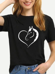 Camiseta amarilla con estampado de corazón en forma de caballo para mujer, Camiseta holgada de manga corta con cuello redondo, ropa de moda de verano