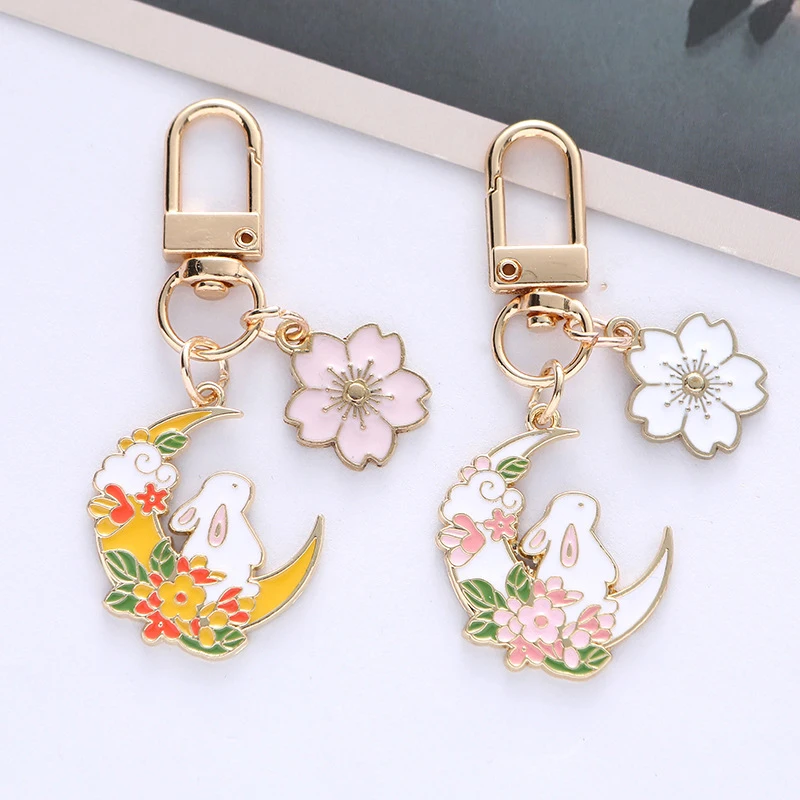 Fashion Cute Moon Flower Rabbit Keychain For Women Sweet Cartoon Enamel Gold Color Key Chain Bag Car Key Decoration Girls Gift