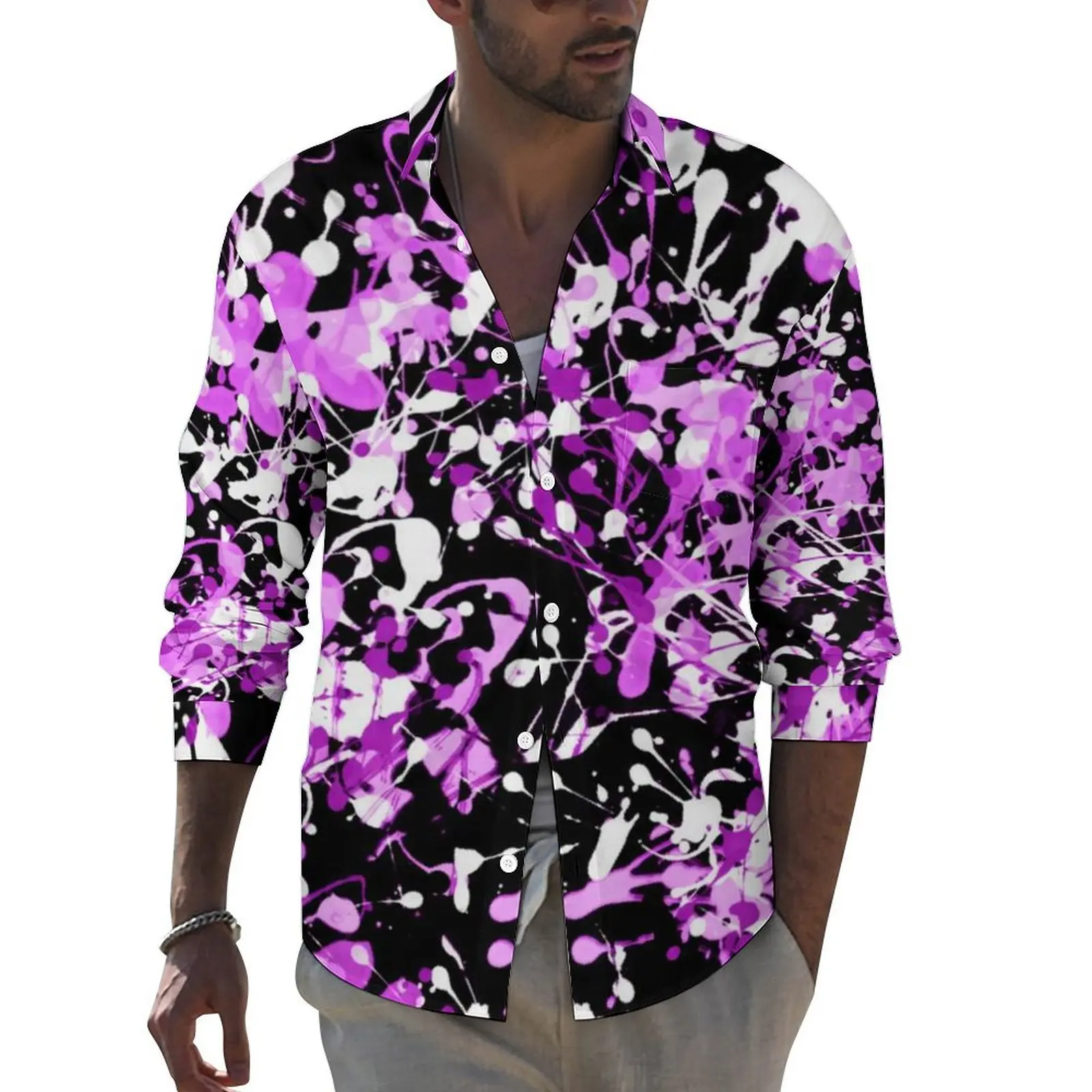 

Tie Dye Graffiti Shirt Splatter Paint in Orchid Casual Shirts Long Sleeve Pattern Street Blouses Spring Vintage Oversize Clothes