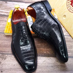 Luxury Genuine Leather Men's Oxford Dress Shoes Alligator Print Handmade Lace-Up Whole Cut Formal Wedding Suit Shoes