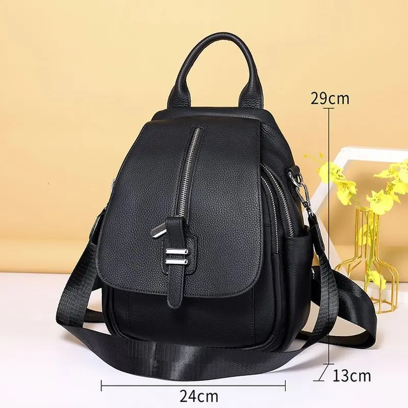 Black Genuine Leather Backpack for Women Convertible Crossbody Bag with Front Flap Buckle Zipper Pocket for Daily Travel Work