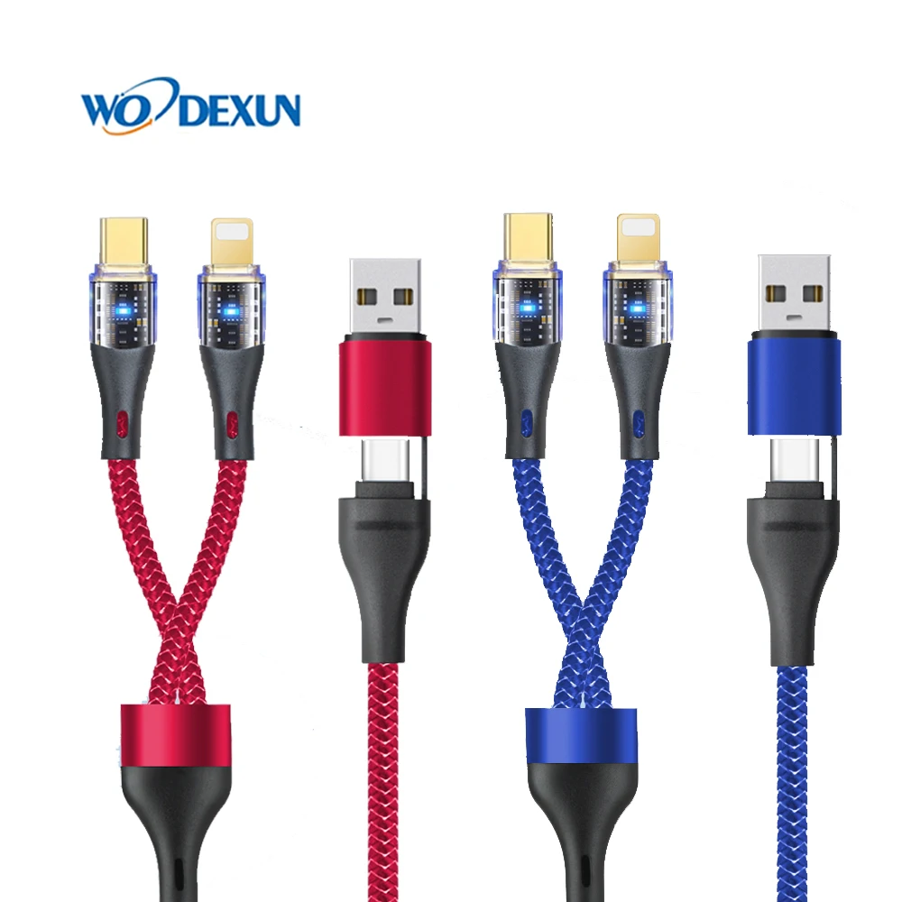 1.2M USB Type C Cable Transparent 4 in 1 PD 65W 27W Dual Connector 2 in 2 Fast Charging USB C Cable for IOS Type C