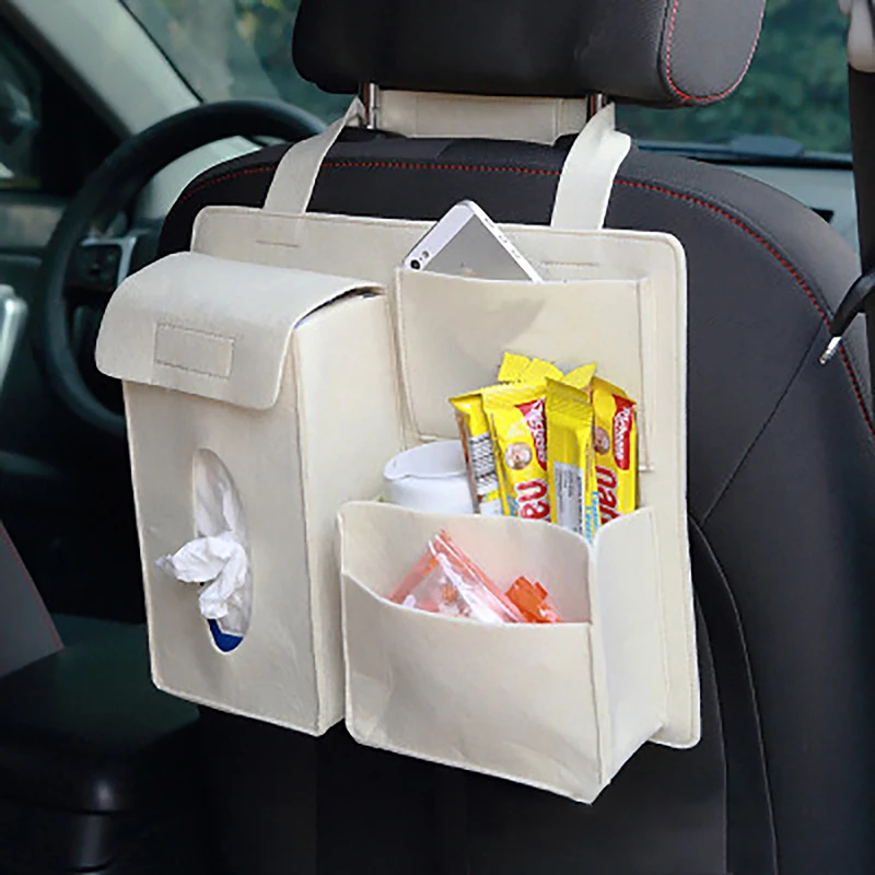 Multi-purpose Car Storage Bag Organizer Hanging Bag Box Paper Towel Phone Storage Felt Bag Trash Can Organizer Car Accessories