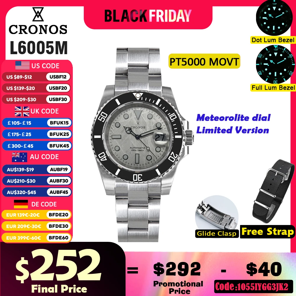 Cronos Sub Diver Mannen Horloge Roestvrij Staal Pt5000 Armband Keramische Bezel 200 Meter Waterbestendig Glideclasp L6005 V3