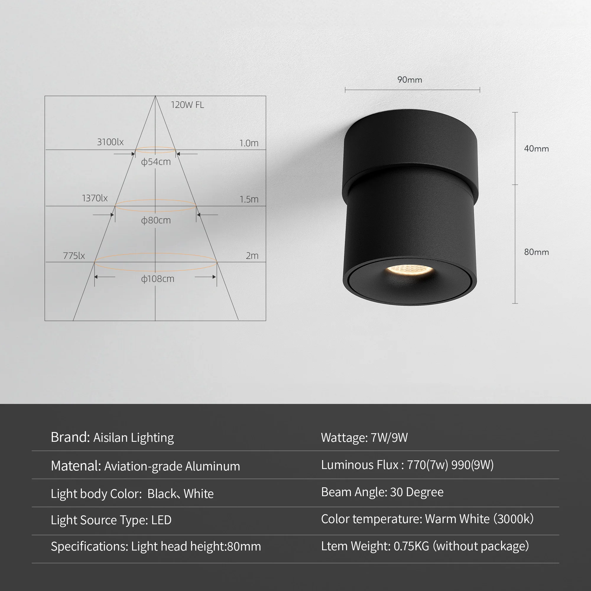 Aisilan LED Ceiling Lamp 360° Rotation Spot Light 7W/9W Surface Mounted Lamp Modern Design for Indoor Lighting