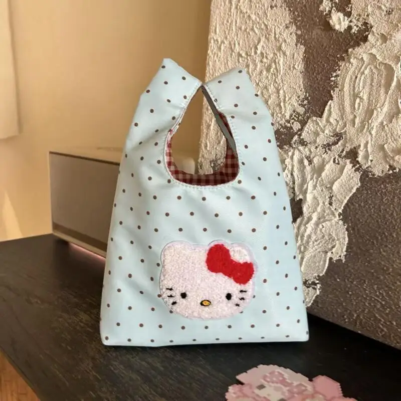 

Cute Kitty Polka Dot Wristlet Bag Fresh Plaid Makeup Organizer Handbag Kitty Cat Bow Shoulder Bag Commuter Tote Handbag Mini Bag