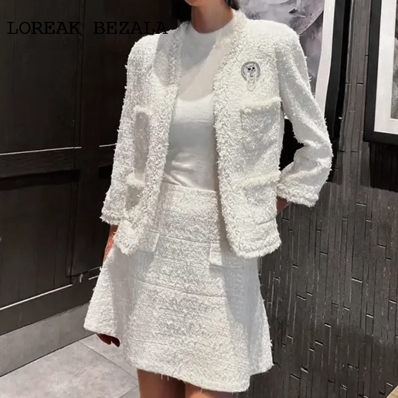 Ensemble veste + jupe en Tweed blanc pour femme, tenue de vacances élégante, printemps/automne, 2 pièces