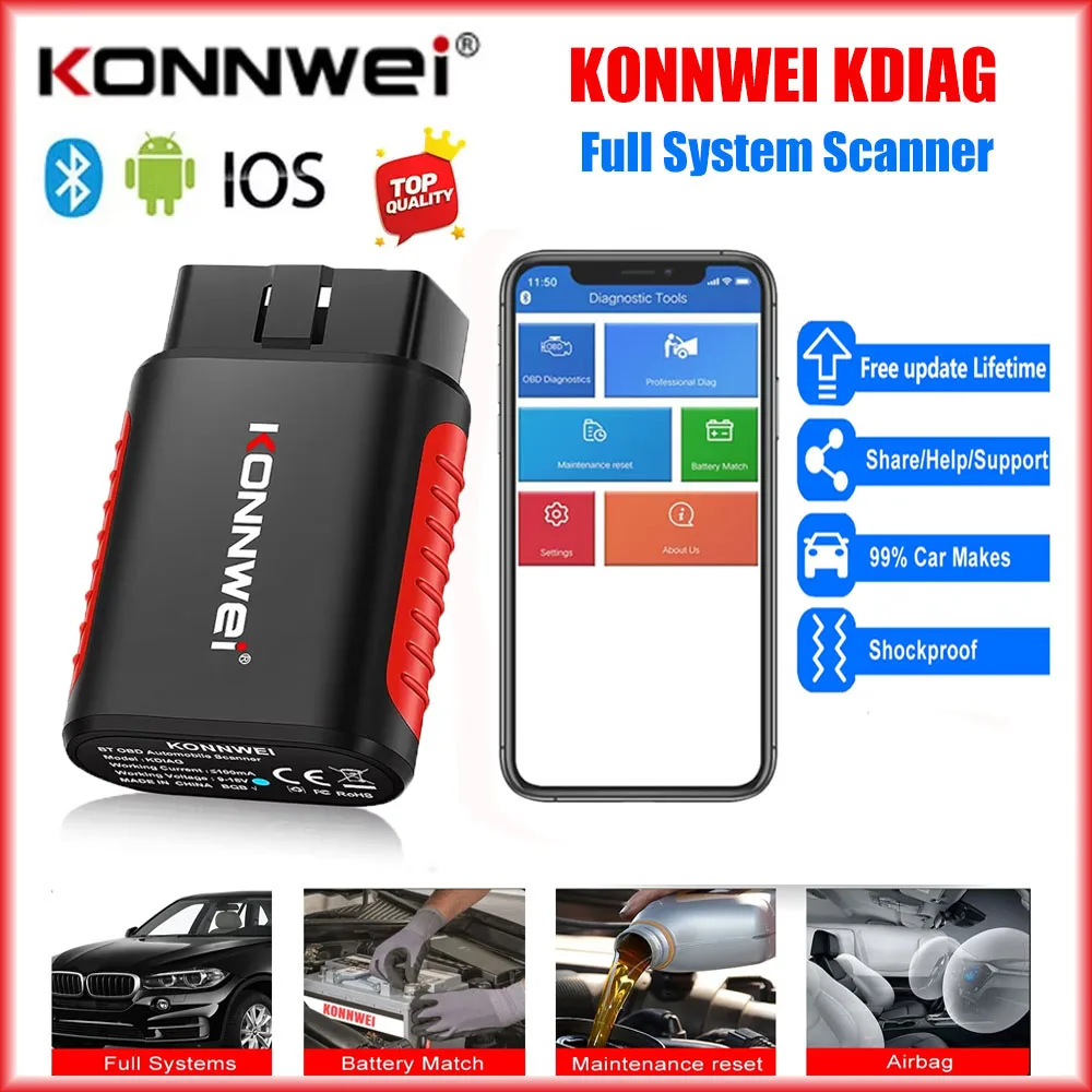Car OBD2 Scanner KONNWEI KDIAG Full System Car Code Reader Diagnostic Tool Oil Reset Battery Match Resets OBD2 Bluetooth Scanner