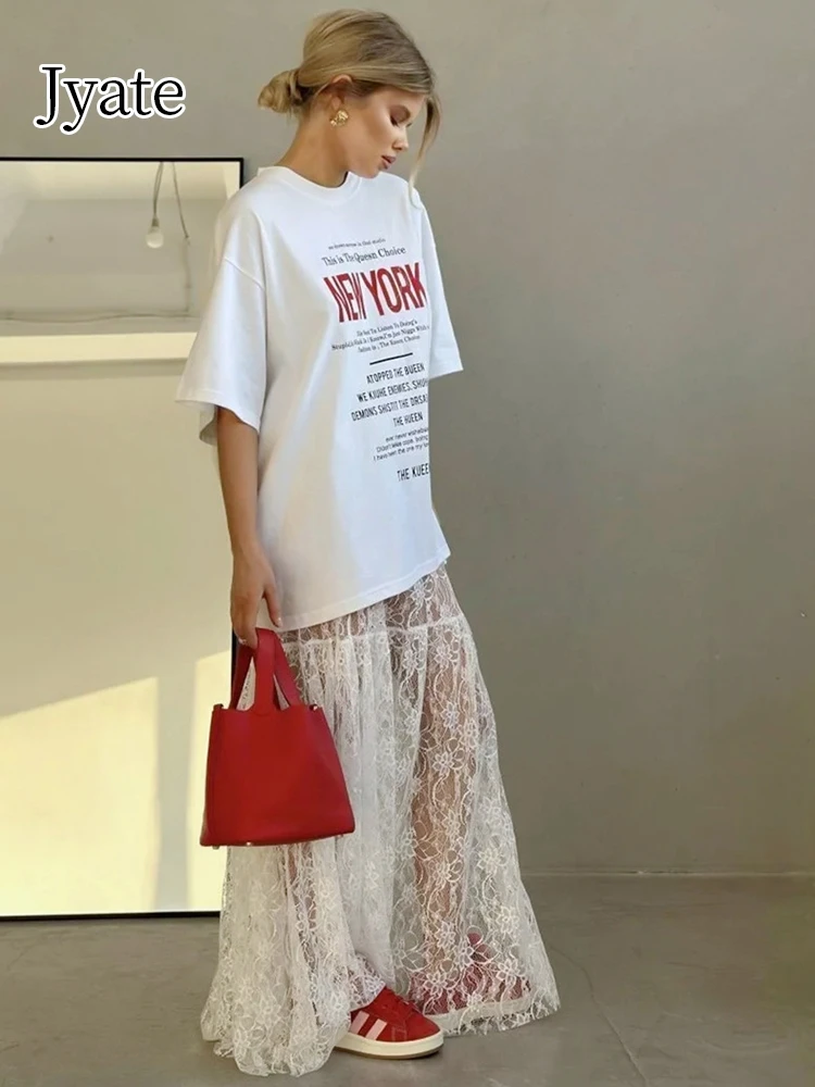 Jyate Jacquard Transparent Long Lace Skirt Women 2024 Summer New High Waist Sexy Casual Maxi Skirts Street Fashion White Jupe